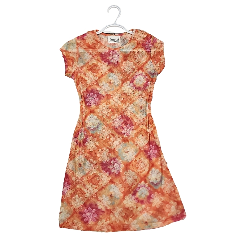 Womens Vintage Jessie Multicolor Floral Mesh Short Sleeve Mini Dress Size Small